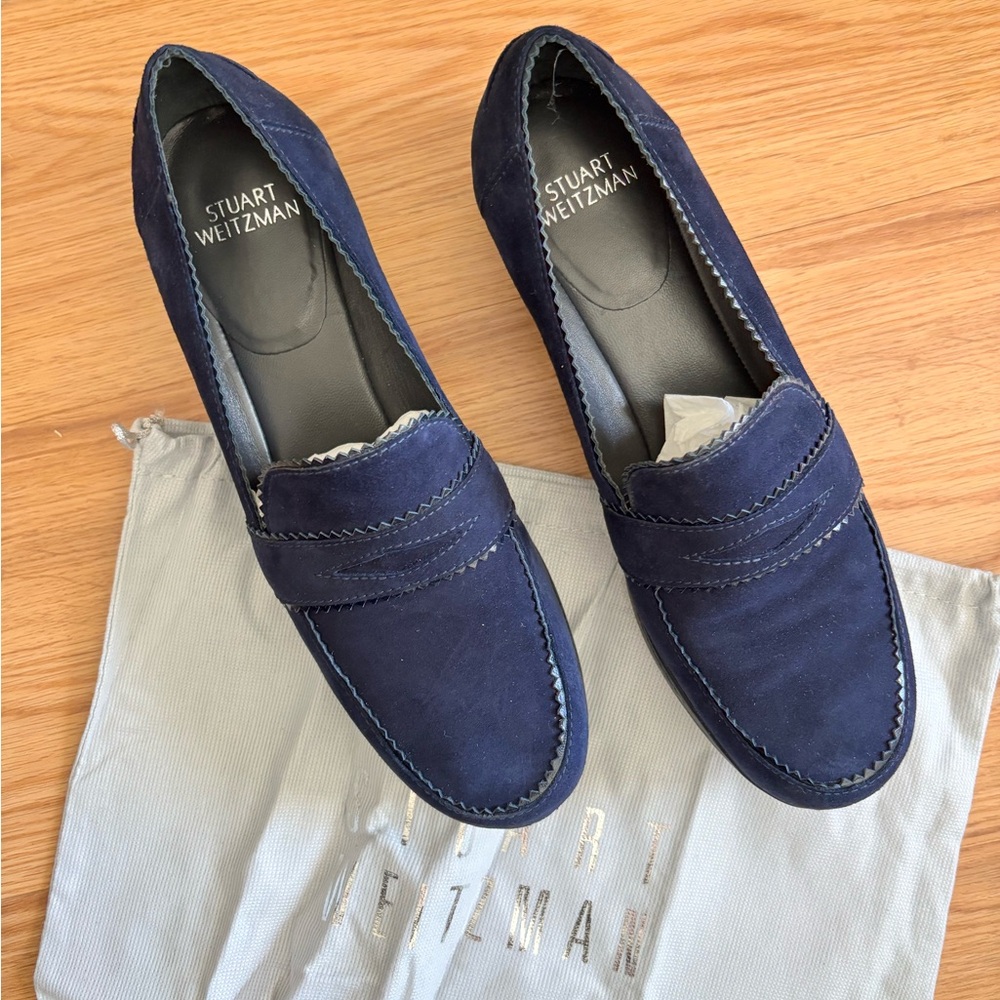 Stuart Weitzman Schooldays Loafer in Nice Blue Suede - Picture 2 of 5